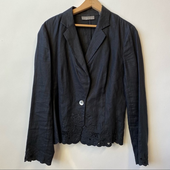 Kate Hill Black Jacket 100% Linen Floral Embroidered Scalloped Hem Women’s 10 - Picture 1 of 6